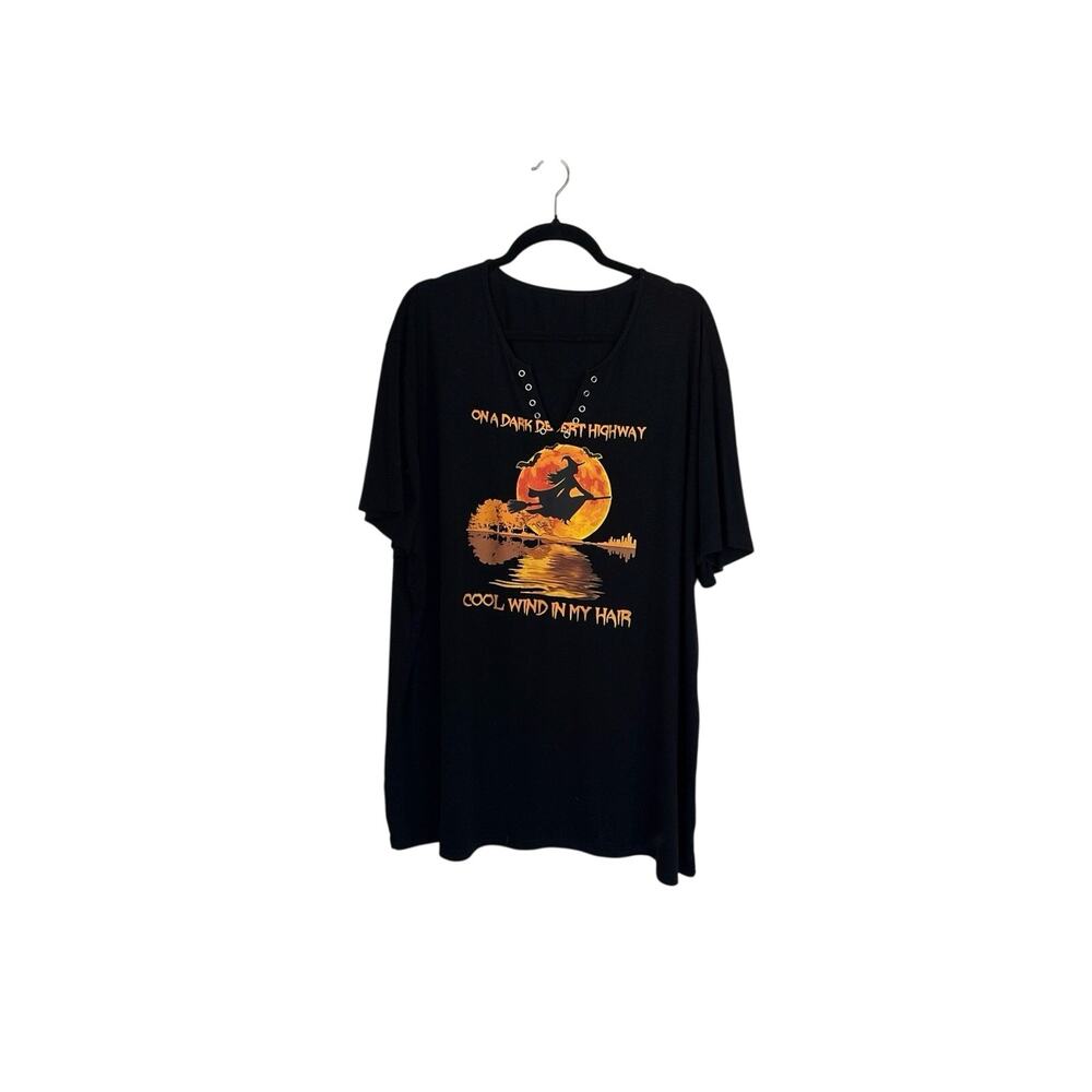 Womens 4X Halloween Witch Graphic Tee Black V Neck Lace Up Top